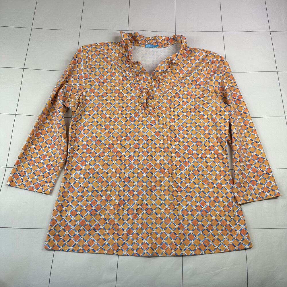 J.McLaughlin Top Womens Large Orange Ruffle Geometric Catalina Cloth Resort Knit